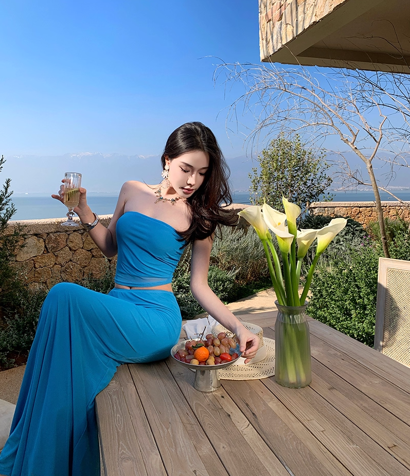 Dopamine Style Sheath Strapless Maxi Dresses Chic Tube Top Flowy Skirt 2-Piece Set Blue Long Dress AP3430