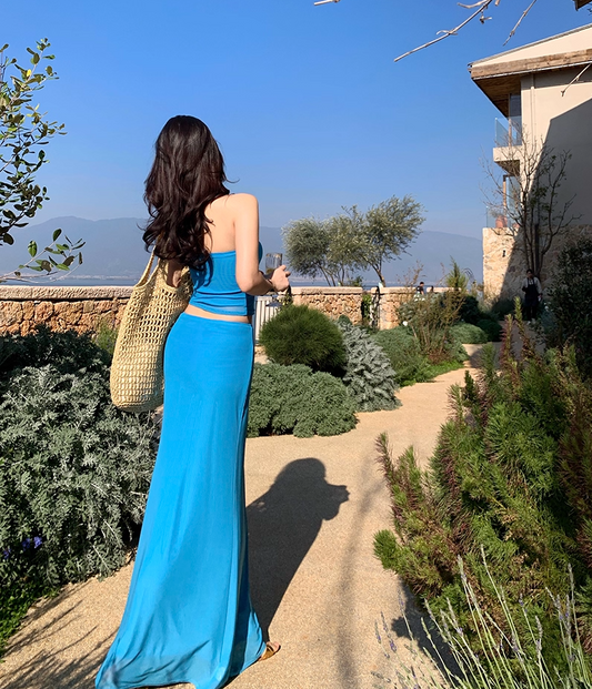 Dopamine Style Sheath Strapless Maxi Dresses Chic Tube Top Flowy Skirt 2-Piece Set Blue Long Dress AP3430