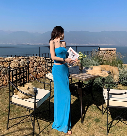 Dopamine Style Sheath Strapless Maxi Dresses Chic Tube Top Flowy Skirt 2-Piece Set Blue Long Dress AP3430