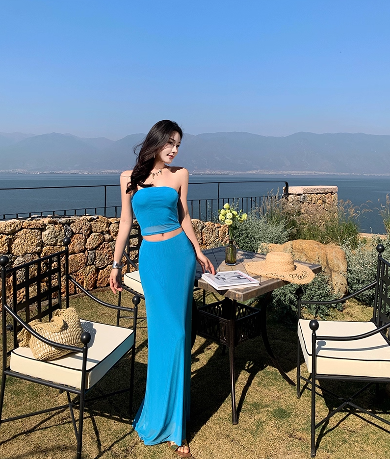 Dopamine Style Sheath Strapless Maxi Dresses Chic Tube Top Flowy Skirt 2-Piece Set Blue Long Dress AP3430