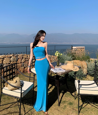 Dopamine Style Sheath Strapless Maxi Dresses Chic Tube Top Flowy Skirt 2-Piece Set Blue Long Dress AP3430