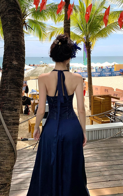 Charming Deep V-Neck Bead Maxi Dress Fashion A-Line Backless Cinched-Waist Long Dress AP3431