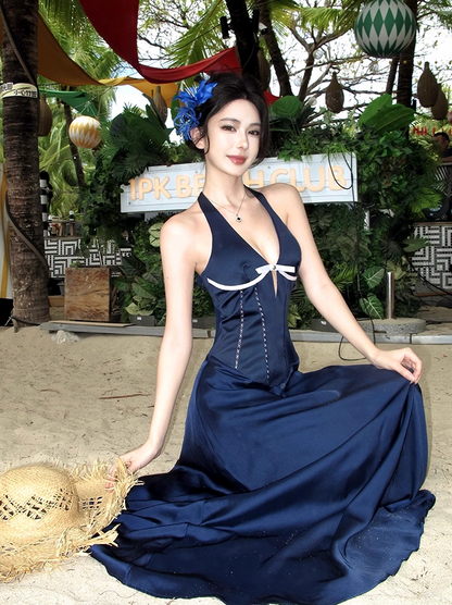 Charming Deep V-Neck Bead Maxi Dress Fashion A-Line Backless Cinched-Waist Long Dress AP3431