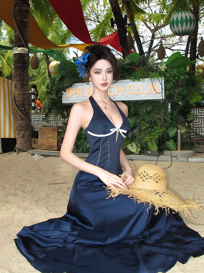 Charming Deep V-Neck Bead Maxi Dress Fashion A-Line Backless Cinched-Waist Long Dress AP3431