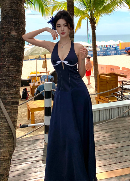 Charming Deep V-Neck Bead Maxi Dress Fashion A-Line Backless Cinched-Waist Long Dress AP3431