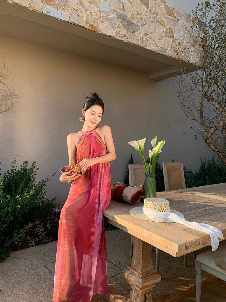 Simple Jewel Neck Sleeveless Maxi Dresses Boho-Style A-Line Flowy Tie-Dye Sequins Long Dress AP3432