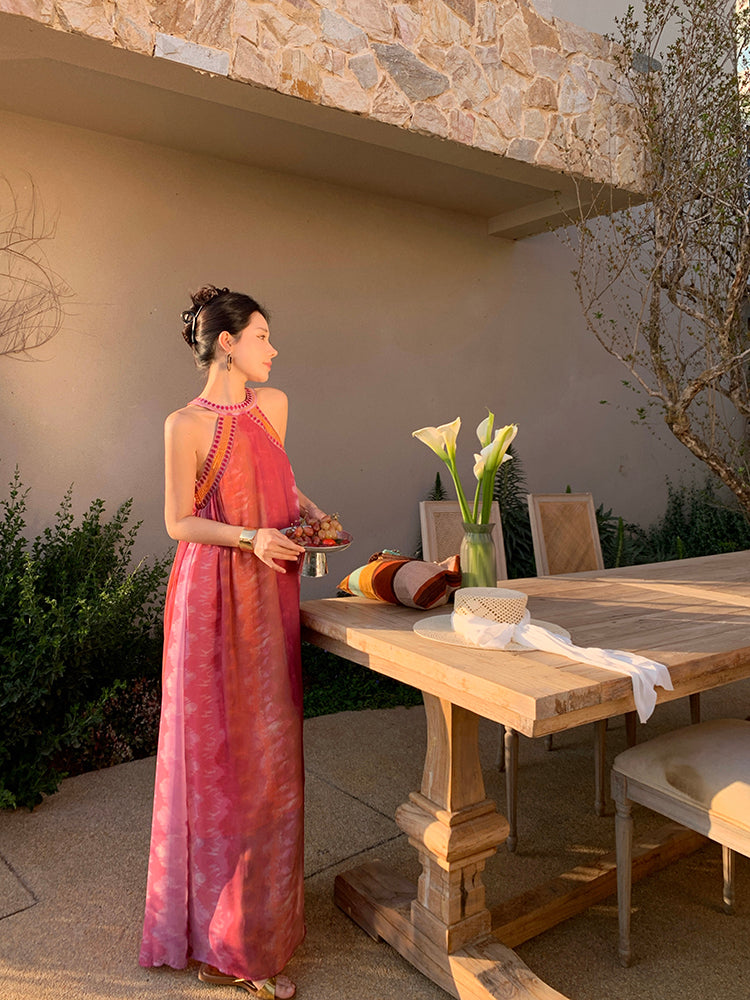 Simple Jewel Neck Sleeveless Maxi Dresses Boho-Style A-Line Flowy Tie-Dye Sequins Long Dress AP3432