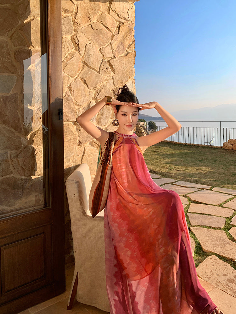 Simple Jewel Neck Sleeveless Maxi Dresses Boho-Style A-Line Flowy Tie-Dye Sequins Long Dress AP3432