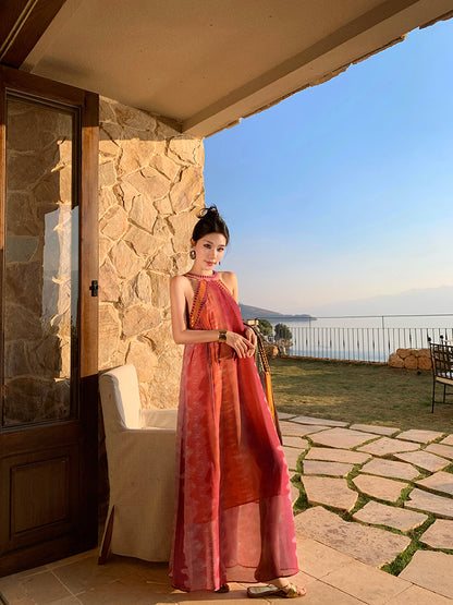 Simple Jewel Neck Sleeveless Maxi Dresses Boho-Style A-Line Flowy Tie-Dye Sequins Long Dress AP3432