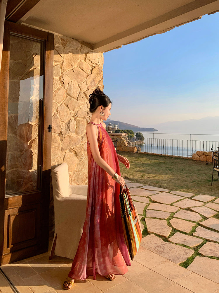 Simple Jewel Neck Sleeveless Maxi Dresses Boho-Style A-Line Flowy Tie-Dye Sequins Long Dress AP3432