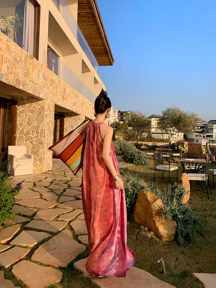 Simple Jewel Neck Sleeveless Maxi Dresses Boho-Style A-Line Flowy Tie-Dye Sequins Long Dress AP3432