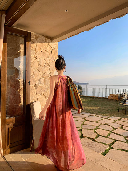 Simple Jewel Neck Sleeveless Maxi Dresses Boho-Style A-Line Flowy Tie-Dye Sequins Long Dress AP3432