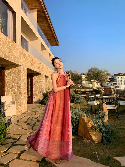 Simple Jewel Neck Sleeveless Maxi Dresses Boho-Style A-Line Flowy Tie-Dye Sequins Long Dress AP3432