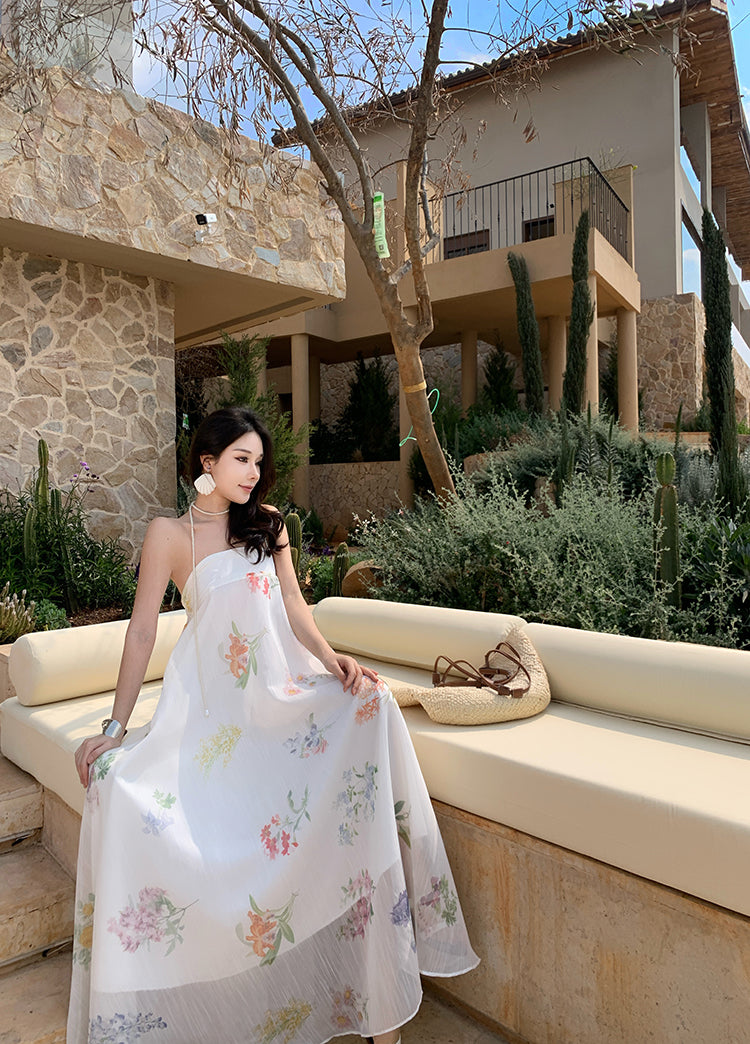 Minimalist A-Line Strapless Maxi Dresses With Lining Classical Floral Print Loose Fit White Long Dress AP3433