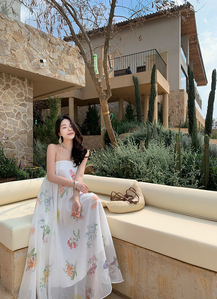 Minimalist A-Line Strapless Maxi Dresses With Lining Classical Floral Print Loose Fit White Long Dress AP3433