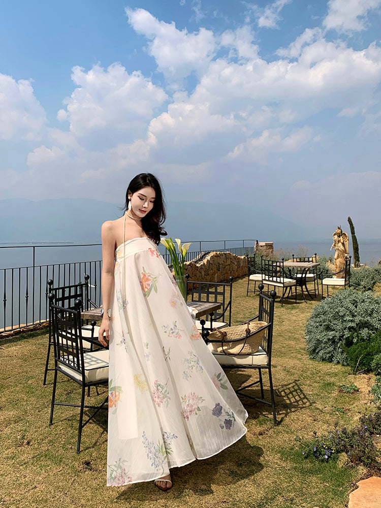 Minimalist A-Line Strapless Maxi Dresses With Lining Classical Floral Print Loose Fit White Long Dress AP3433