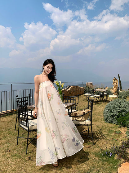 Minimalist A-Line Strapless Maxi Dresses With Lining Classical Floral Print Loose Fit White Long Dress AP3433