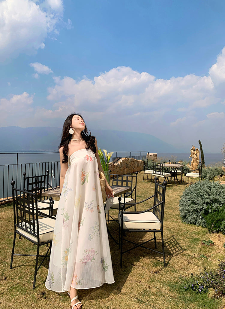 Minimalist A-Line Strapless Maxi Dresses With Lining Classical Floral Print Loose Fit White Long Dress AP3433