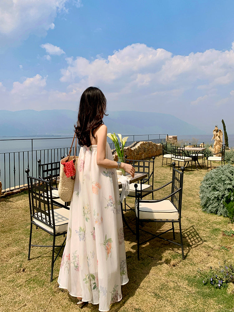 Minimalist A-Line Strapless Maxi Dresses With Lining Classical Floral Print Loose Fit White Long Dress AP3433