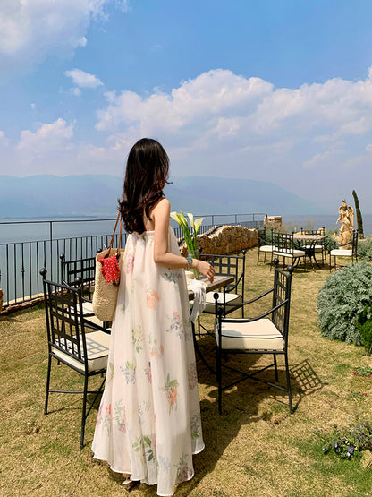 Minimalist A-Line Strapless Maxi Dresses With Lining Classical Floral Print Loose Fit White Long Dress AP3433