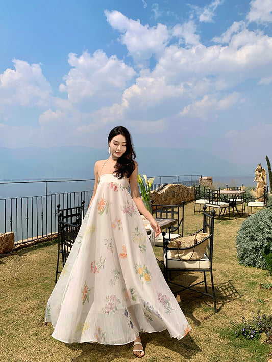 Minimalist A-Line Strapless Maxi Dresses With Lining Classical Floral Print Loose Fit White Long Dress AP3433