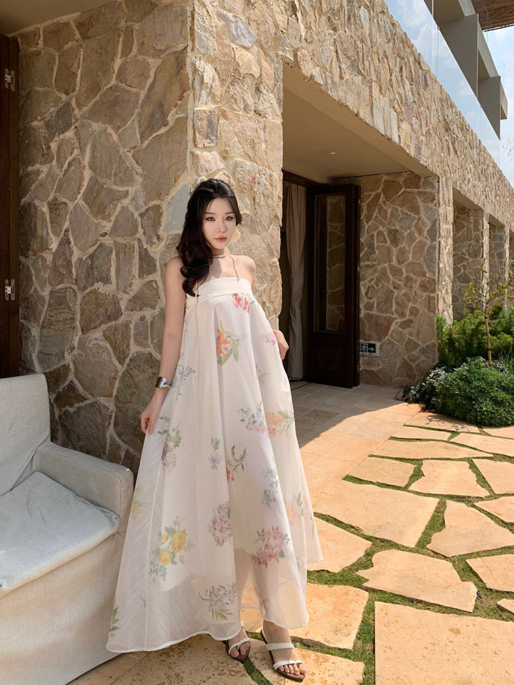 Minimalist A-Line Strapless Maxi Dresses With Lining Classical Floral Print Loose Fit White Long Dress AP3433