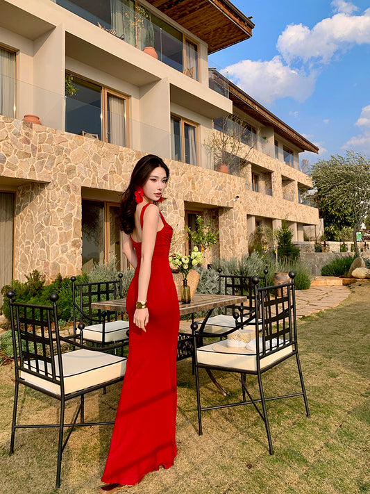 Hottie Spaghetti Strap Mermaid Maxi Dress Simple Ruched Red Evening Outfit Long Dress AP3434