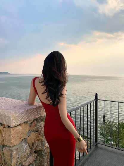 Hottie Spaghetti Strap Mermaid Maxi Dress Simple Ruched Red Evening Outfit Long Dress AP3434