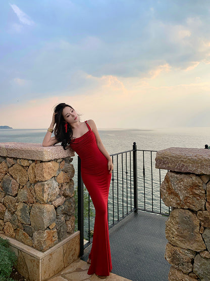 Hottie Spaghetti Strap Mermaid Maxi Dress Simple Ruched Red Evening Outfit Long Dress AP3434