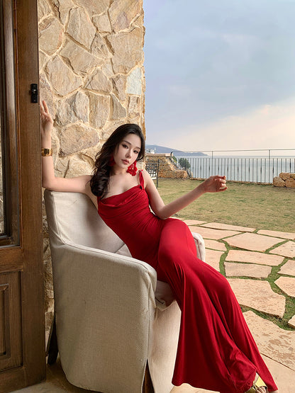 Hottie Spaghetti Strap Mermaid Maxi Dress Simple Ruched Red Evening Outfit Long Dress AP3434