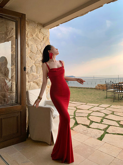 Hottie Spaghetti Strap Mermaid Maxi Dress Simple Ruched Red Evening Outfit Long Dress AP3434