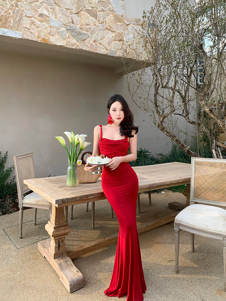 Hottie Spaghetti Strap Mermaid Maxi Dress Simple Ruched Red Evening Outfit Long Dress AP3434