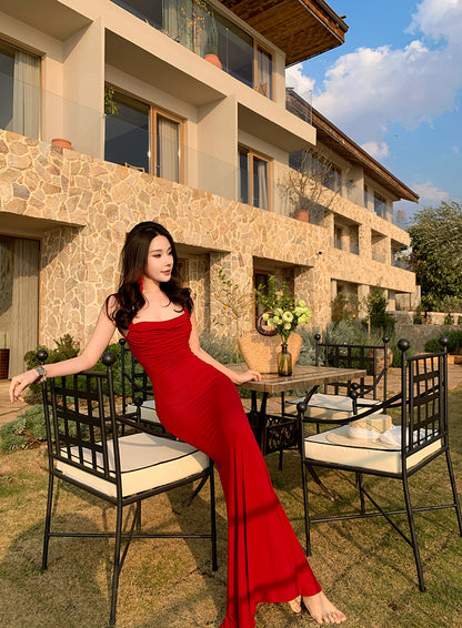 Hottie Spaghetti Strap Mermaid Maxi Dress Simple Ruched Red Evening Outfit Long Dress AP3434