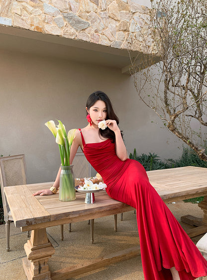 Hottie Spaghetti Strap Mermaid Maxi Dress Simple Ruched Red Evening Outfit Long Dress AP3434