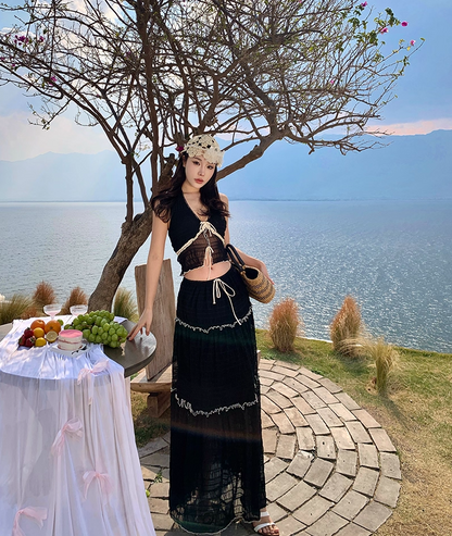 French Style 2-Piece Set A-Line Maxi Dress Fancy V-Neck Lace Trim Tiered Tulle Black Long Dress AP3435