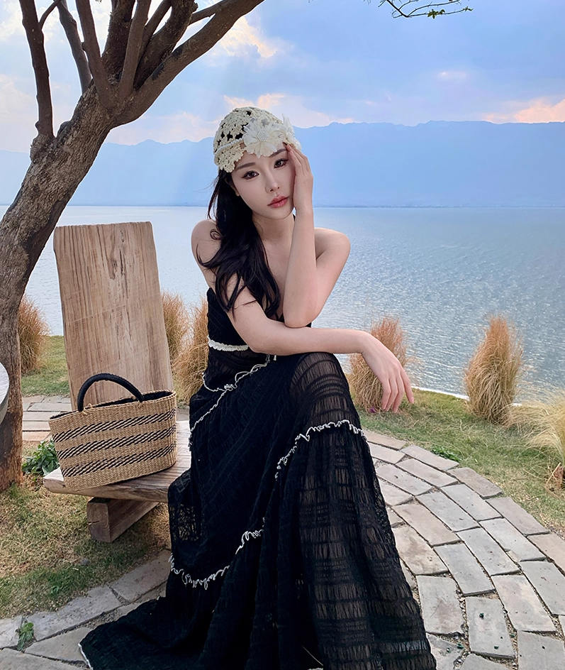 French Style 2-Piece Set A-Line Maxi Dress Fancy V-Neck Lace Trim Tiered Tulle Black Long Dress AP3435