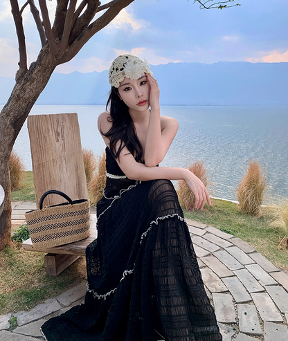 French Style 2-Piece Set A-Line Maxi Dress Fancy V-Neck Lace Trim Tiered Tulle Black Long Dress AP3435