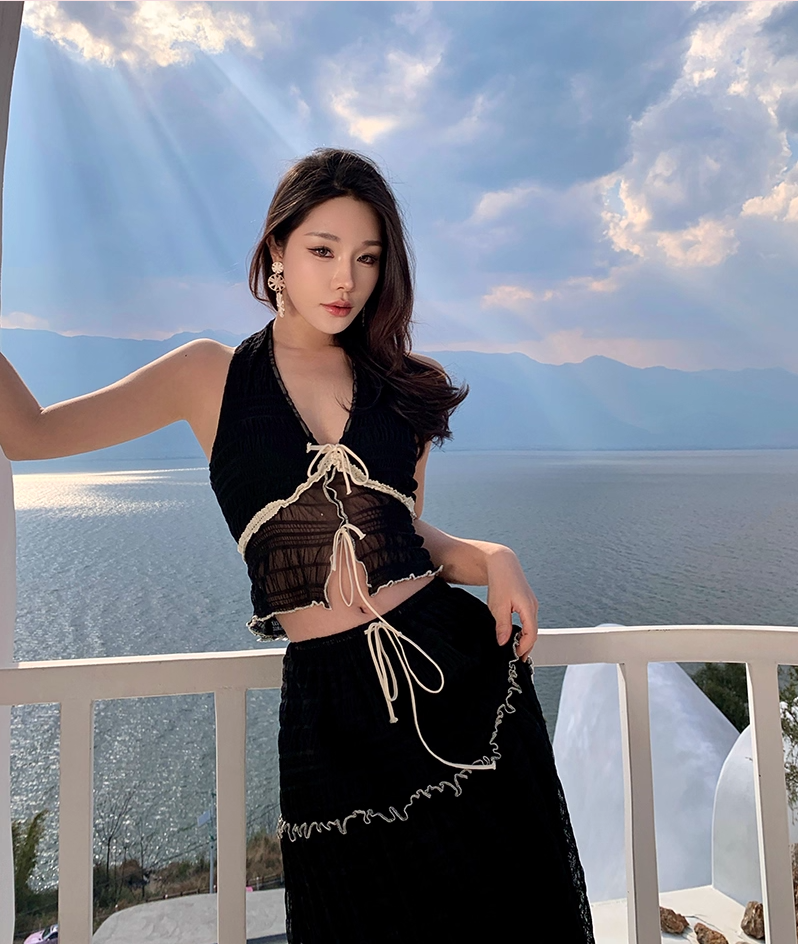 French Style 2-Piece Set A-Line Maxi Dress Fancy V-Neck Lace Trim Tiered Tulle Black Long Dress AP3435