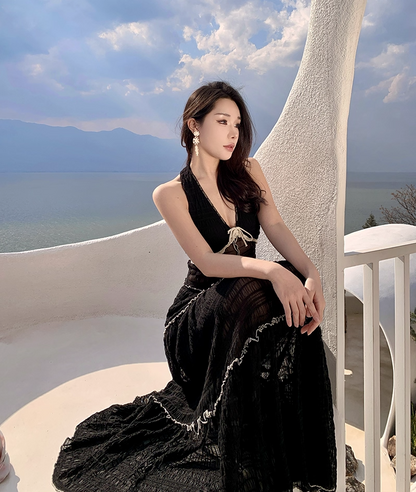 French Style 2-Piece Set A-Line Maxi Dress Fancy V-Neck Lace Trim Tiered Tulle Black Long Dress AP3435