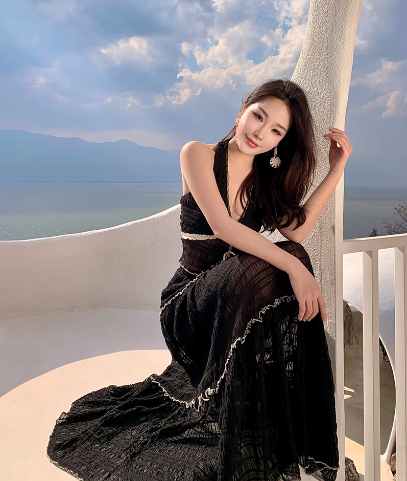 French Style 2-Piece Set A-Line Maxi Dress Fancy V-Neck Lace Trim Tiered Tulle Black Long Dress AP3435