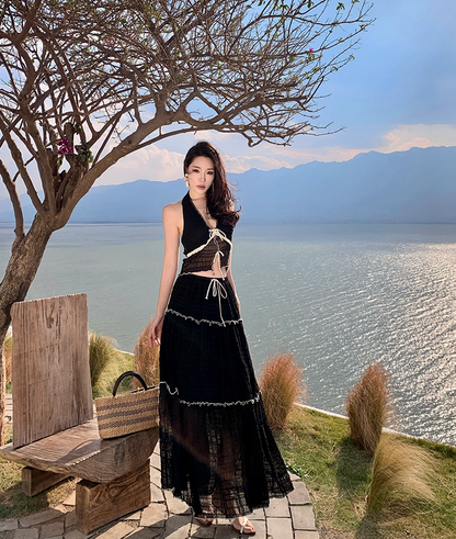 French Style 2-Piece Set A-Line Maxi Dress Fancy V-Neck Lace Trim Tiered Tulle Black Long Dress AP3435