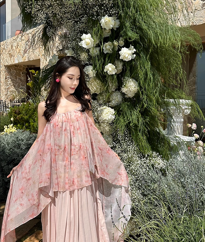 Fashionable A-Line Spaghetti Strap Maxi Dress Dreamy Pressed Pleated Tulle Floral Print Long Dress AP3436