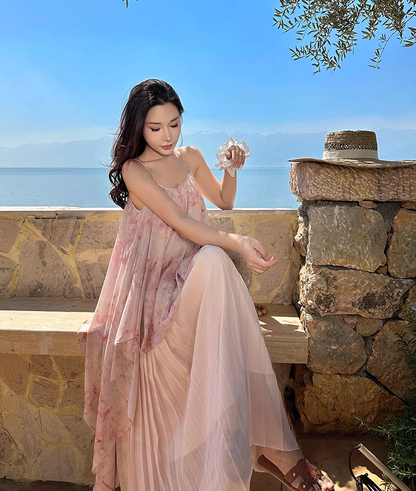 Fashionable A-Line Spaghetti Strap Maxi Dress Dreamy Pressed Pleated Tulle Floral Print Long Dress AP3436