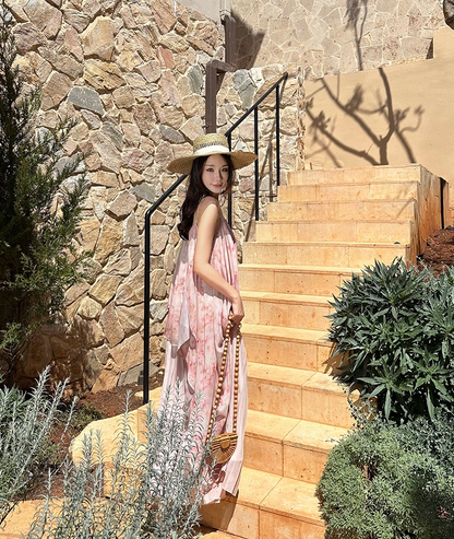 Fashionable A-Line Spaghetti Strap Maxi Dress Dreamy Pressed Pleated Tulle Floral Print Long Dress AP3436