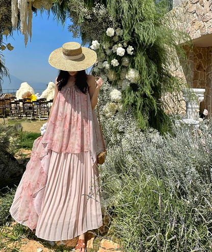 Fashionable A-Line Spaghetti Strap Maxi Dress Dreamy Pressed Pleated Tulle Floral Print Long Dress AP3436