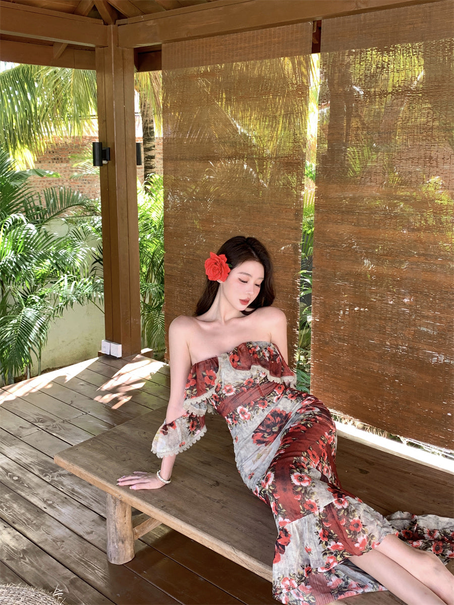 Unique Mermaid Off-Shoulder Ruffles Maxi Dresses Graceful Floral Print Trimmed Lace Long Dress AP3437