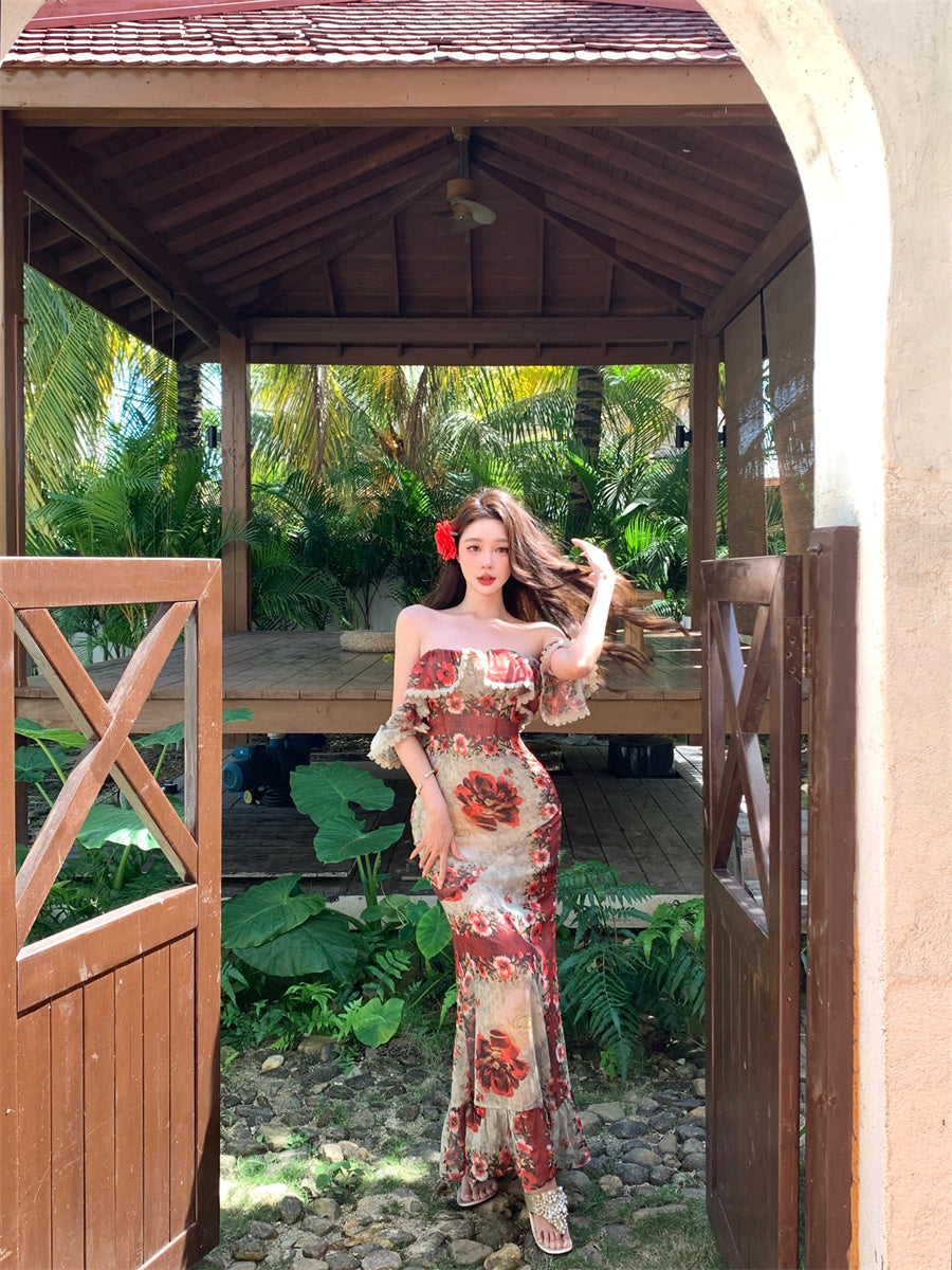 Unique Mermaid Off-Shoulder Ruffles Maxi Dresses Graceful Floral Print Trimmed Lace Long Dress AP3437