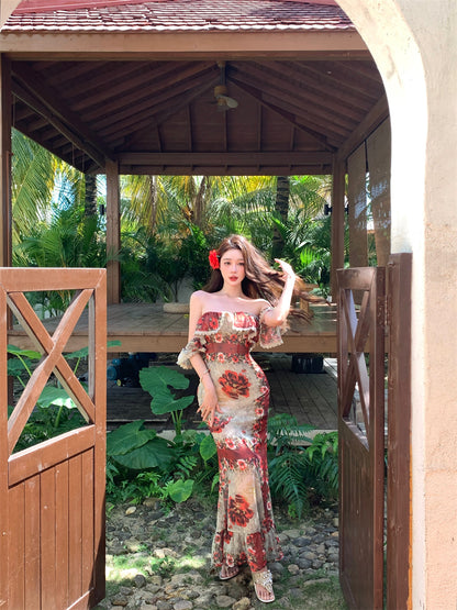 Unique Mermaid Off-Shoulder Ruffles Maxi Dresses Graceful Floral Print Trimmed Lace Long Dress AP3437