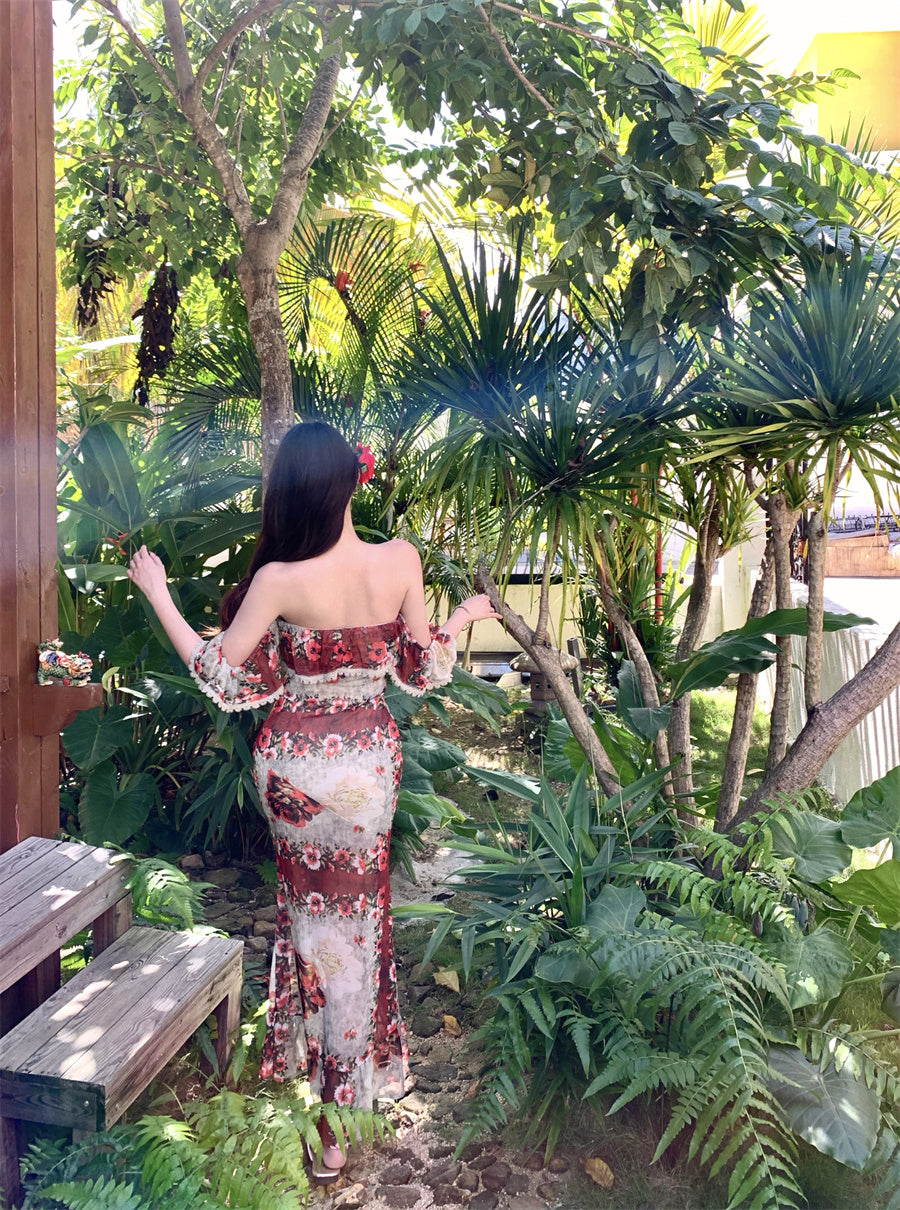 Unique Mermaid Off-Shoulder Ruffles Maxi Dresses Graceful Floral Print Trimmed Lace Long Dress AP3437