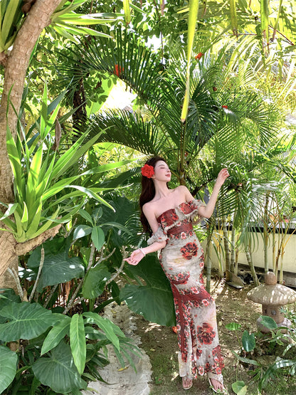 Unique Mermaid Off-Shoulder Ruffles Maxi Dresses Graceful Floral Print Trimmed Lace Long Dress AP3437